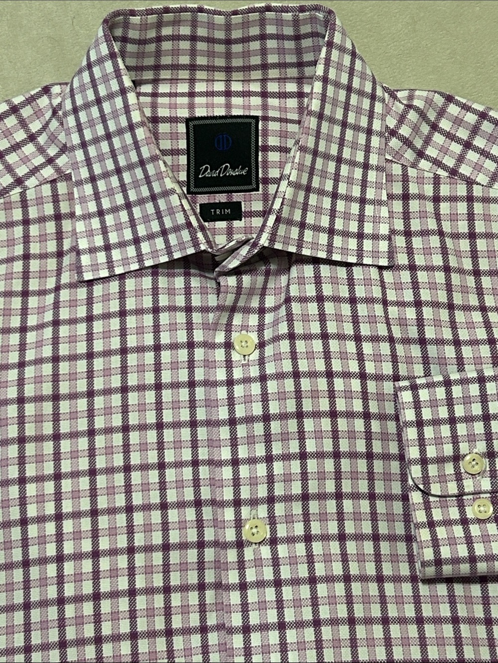 David Donahue Trim Fit Plaid Dress Shirt Purple White Mens 16 32/33